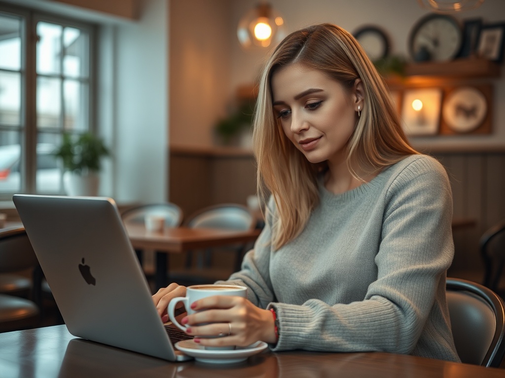 Молодая женщина с длинными волосами сидит в кафе, работает за ноутбуком и держит чашку кофе.