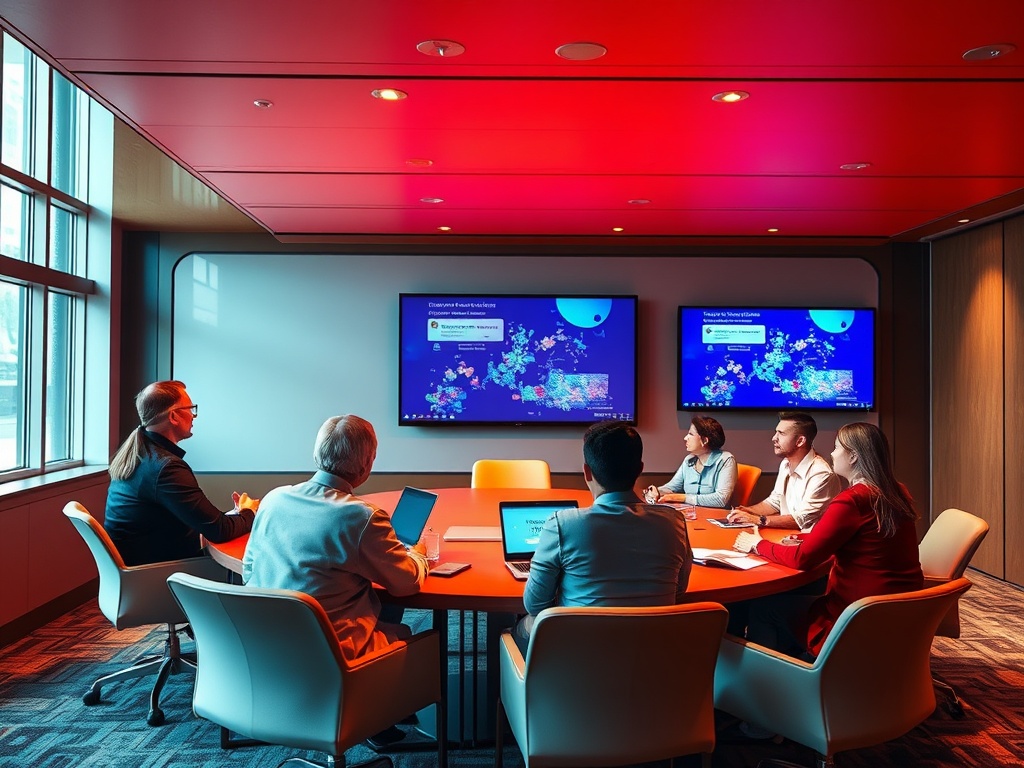 Совещание в конференц-зале с шестью участниками, экраны с презентацией на стенах. Красный свет.