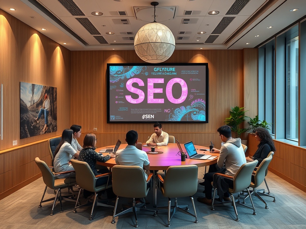 В офисе проходит встреча, на экране написано "SEO", участники обсуждают стратегии.