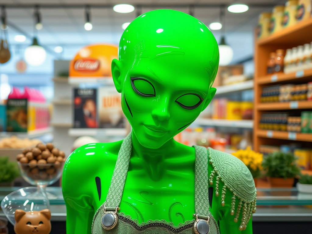 Зеленый манекен с гладкой головой и большими глазами в магазине. На фоне полки с продуктами.