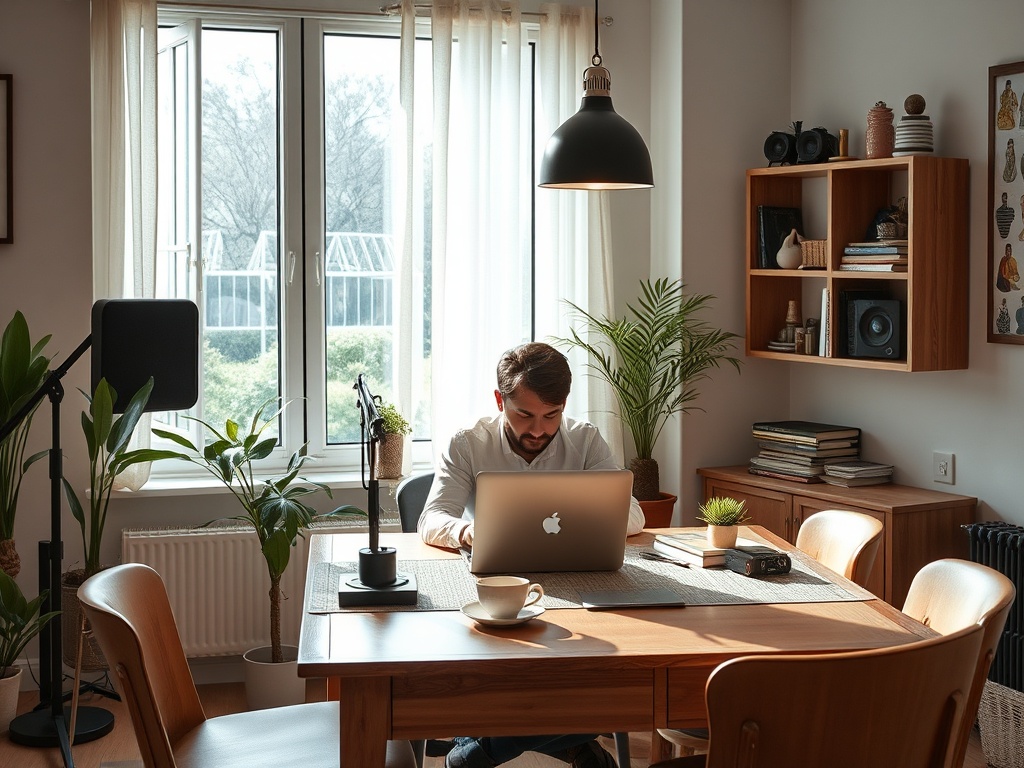 Мужчина работает за столом с ноутбуком в светлом домашнем офисе с растениями и солнечным светом.