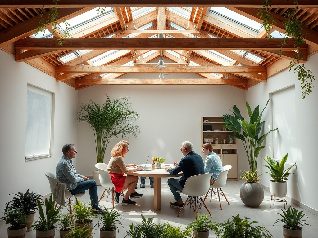 Четыре человека сидят за круглым столом в светлом офисе с растениями и стеклянной крышей.
