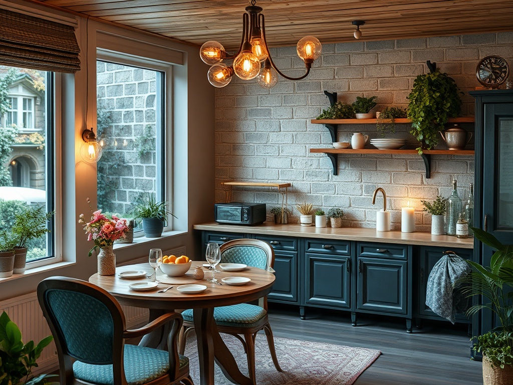 Современная кухня с деревянным столом, стульями, растениями и уютной атмосферой. Светлый свет и теплые тона.