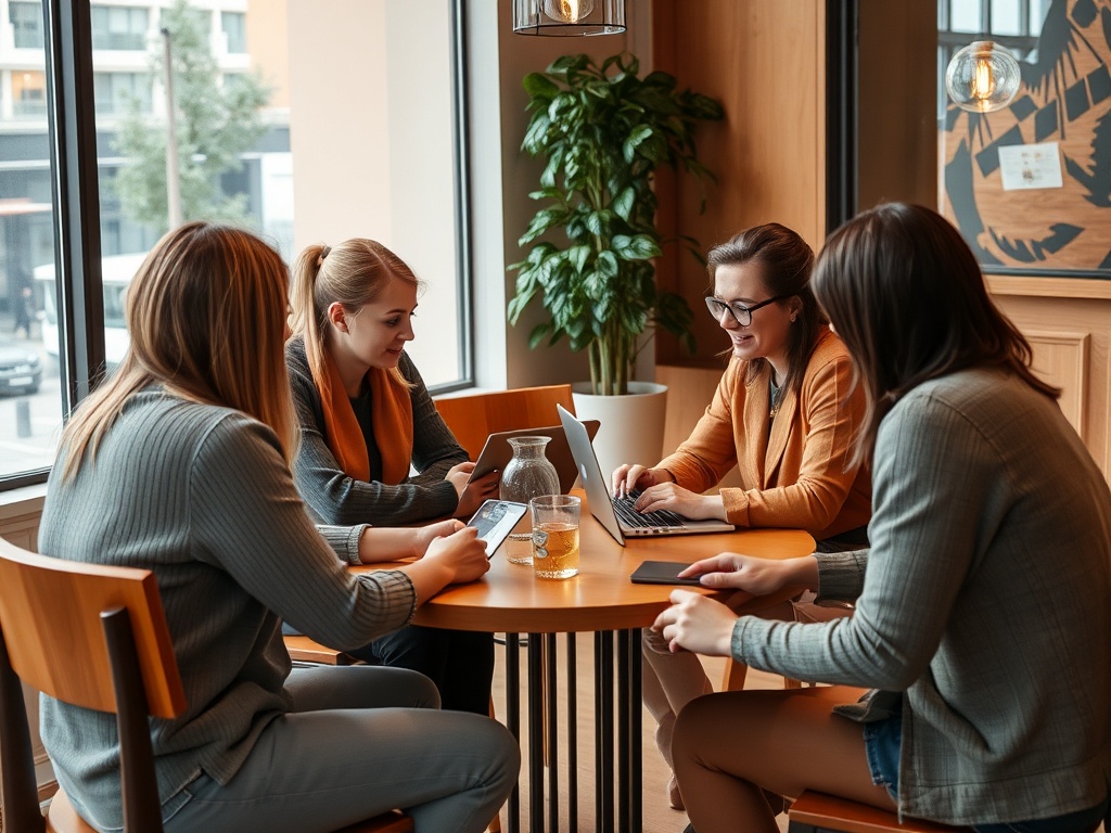 Четыре женщины сидят за столом в кафе, обсуждая идеи и работая на ноутбуках и планшетах.