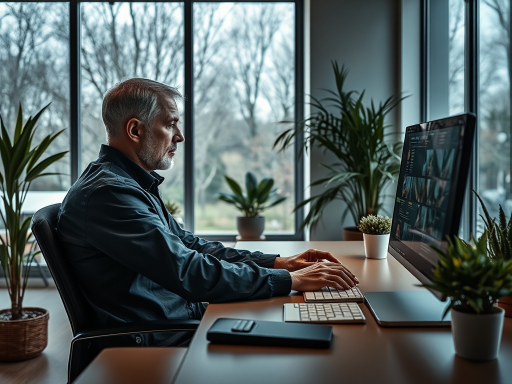 Мужчина с седыми волосами работает за компьютером в светлом офисе, окружённом зелёными растениями.