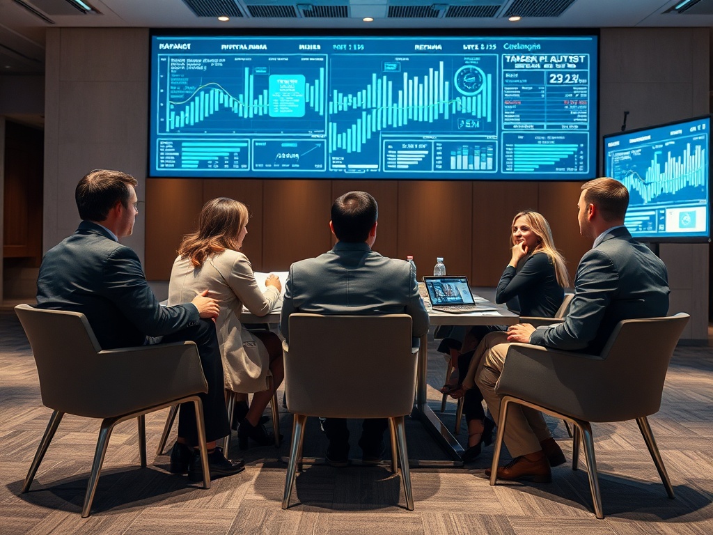 В конференц-зале группа людей обсуждает данные на экране, окруженные аналитическими графиками и отчетами.