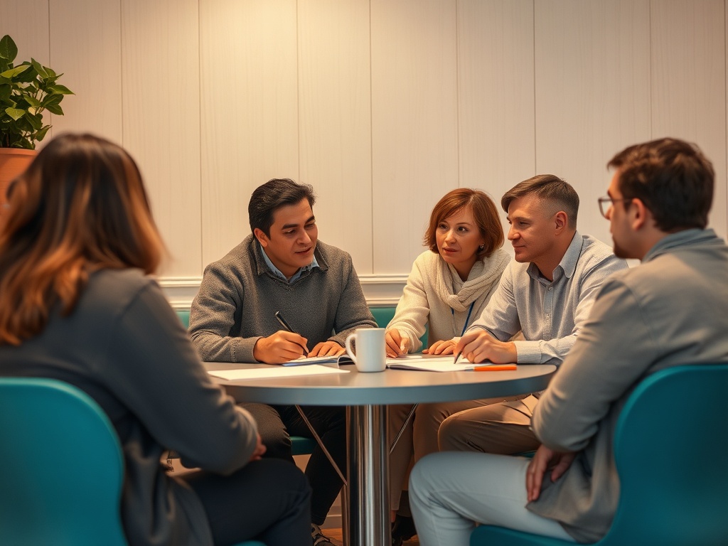 Группа людей обсуждает идеи за круглым столом в уютном офисе, с растениями на фоне.