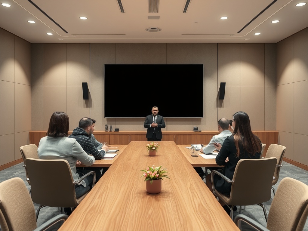 В конференц-зале несколько человек слушают выступление человека у доски.