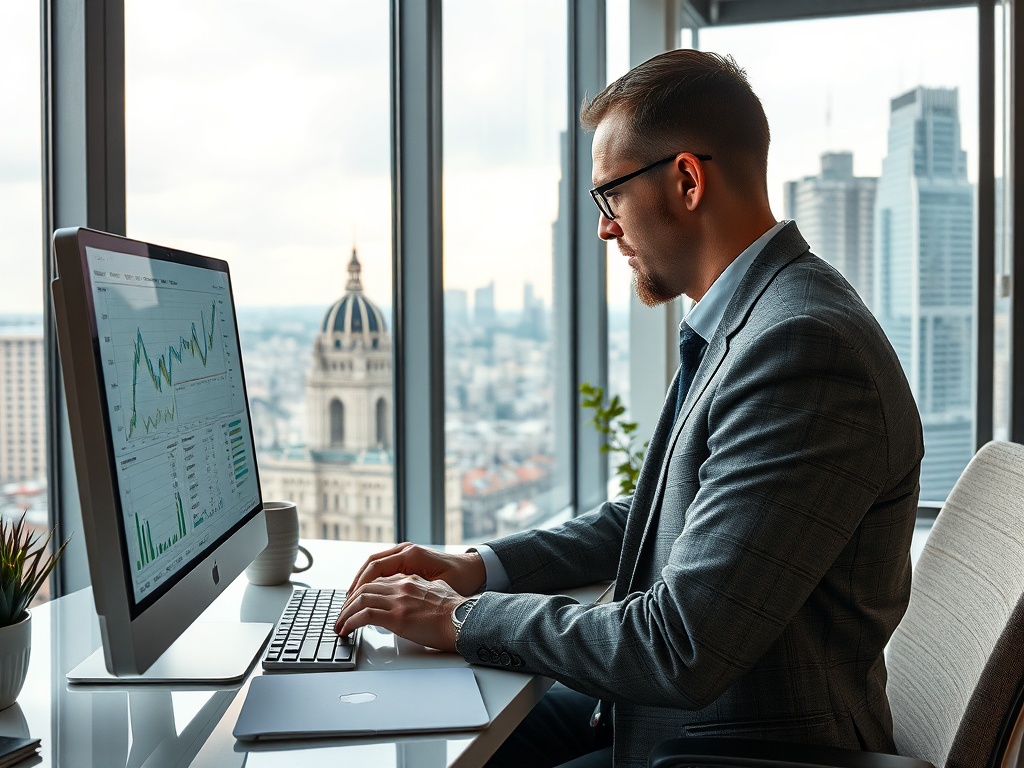 Мужчина в деловом костюме работает за компьютером с графиками на экране, вид на город в фоне.
