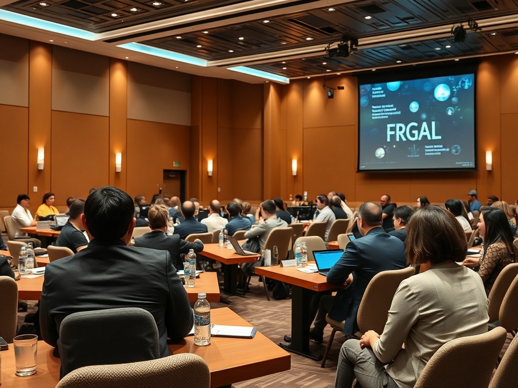 На конференции сотрудники обсуждают тему FRGAL, сидя за столами в помещении с презентацией на экране.