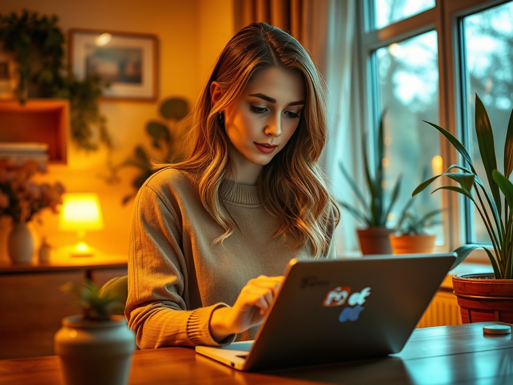 Девушка в светлом свитере работает за ноутбуком в уютной комнате с растениями и мягким светом.