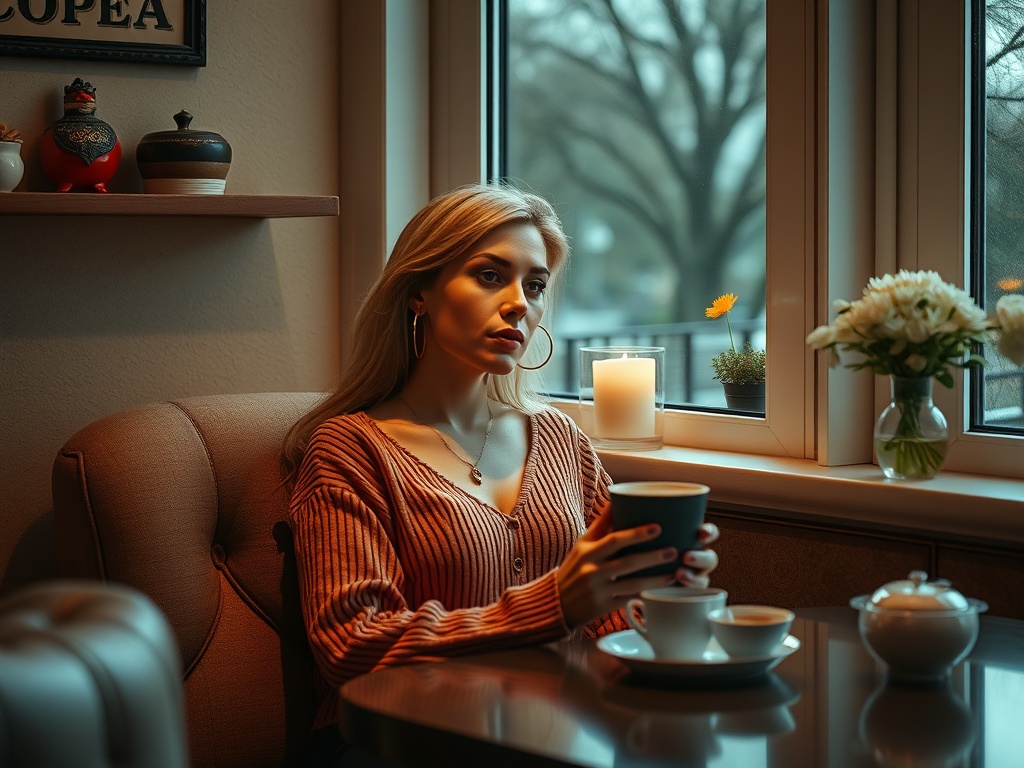 Девушка с чашкой в руках сидит у окна, наслаждаясь атмосферой уютного кафе. За окном видны деревья.